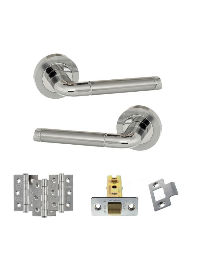 Eco Ocean Door Handle Pack (Latch Set - 3" CE Latch, 3" Fire Rated Hinges x3) - Satin Chrome/Polished Chrome
