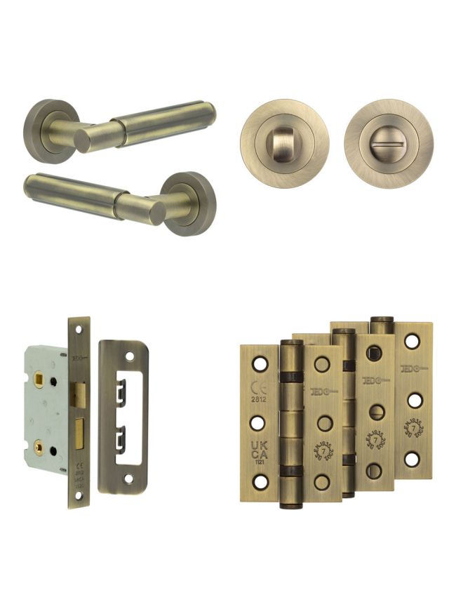 Complete Bloom Door Handle Pack - Bathroom Lock (Standard Thumb Turn) - Antique Brass - 65mm / 3-inch Hinges - JE-B5B3-AB