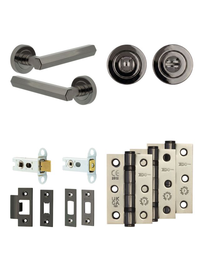 Complete Hex Door Handle Pack - Heavy Duty Tubular Bathroom (Standard Thumb Turn) - Black Nickel - 64mm / 3-inch Hinges - JE-C30B3-BN