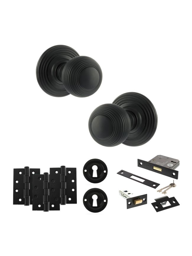 Old English Ripon Door Knob Pack (Lock Set - 3" Latch & Deadlock, 4" Fire Rated Hinges x3) - Matt Black