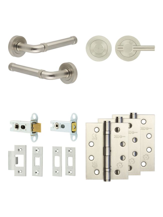 Complete Midtown Door Handle Pack - Heavy Duty Tubular Bathroom (Knurled Thumb Turn) - Satin Nickel - 64mm / 4-inch Hinges - JE-G30A1-SN