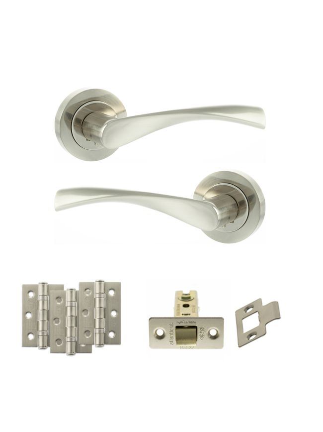 Eco Aqua Door Handle Pack (Latch Set - 3" CE Latch, 3" Fire Rated Hinges x3) - Satin Nickel/Nickel Plate