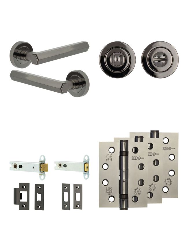 Complete Hex Door Handle Pack - Heavy Duty Tubular Bathroom (Standard Thumb Turn) - Black Nickel - 102mm / 4-inch Hinges - JE-C32A3-BN