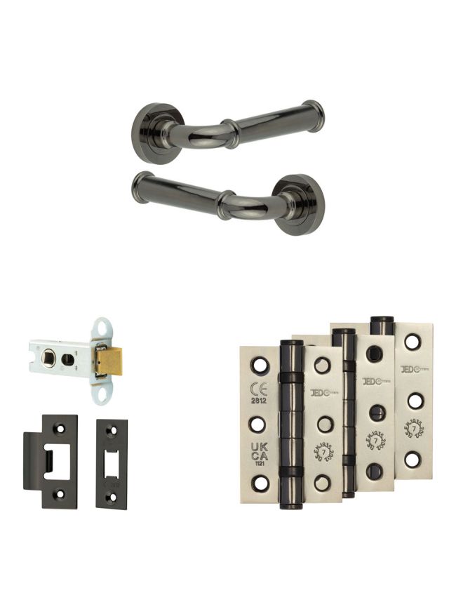 Complete Classic Door Handle Pack - Heavy Duty Latch - Black Nickel - 64mm / 3-inch Hinges - JE-A20B-BN