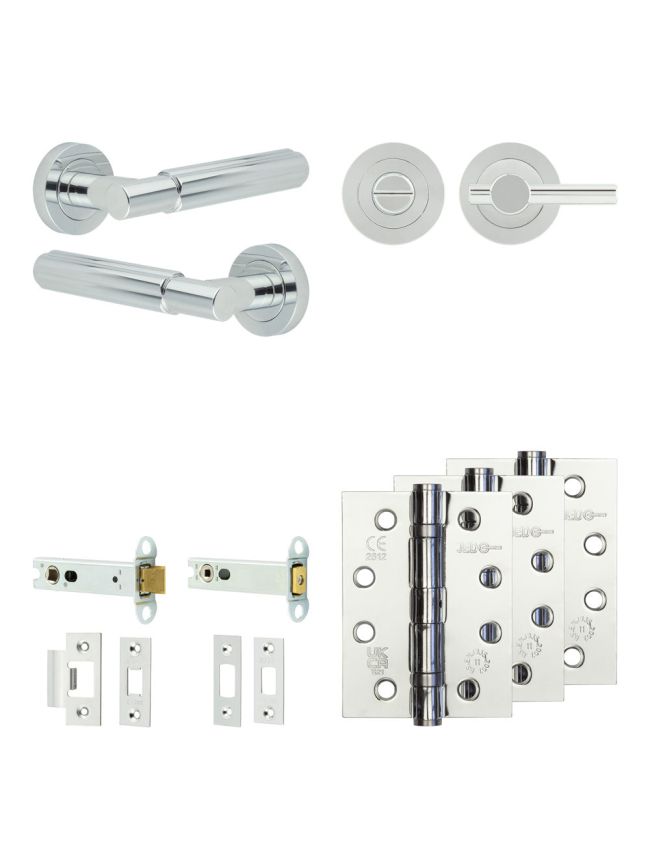 Complete Bloom Door Handle Pack - Heavy Duty Tubular Bathroom (Plain Thumb Turn) - Polished Chrome - 102mm / 4-inch Hinges - JE-B32A2-PC