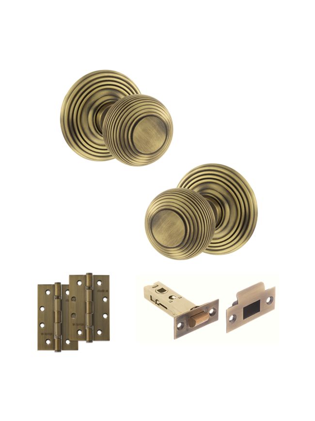 Old English Ripon Door Knob Pack (Latch Set - 3" HD Latch, 4" Slim Knuckle Hinges x2) - Matt Antique Brass