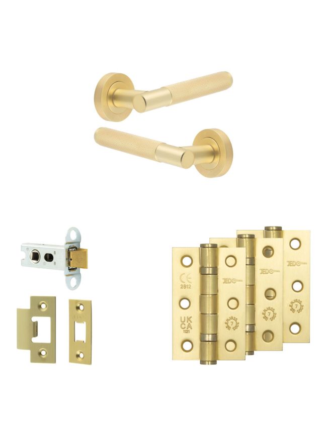 Complete Bari Door Handle Pack - Heavy Duty Latch - Satin Brass - 64mm / 3-inch Hinges - JE-D20B-SB