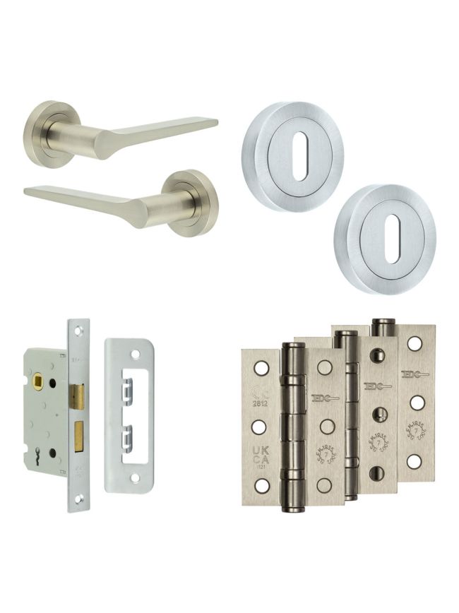 Complete Gio Door Handle Pack - Sashlock - Satin Nickel - 65mm / 3-inch Hinges - JE-E7B8-SN