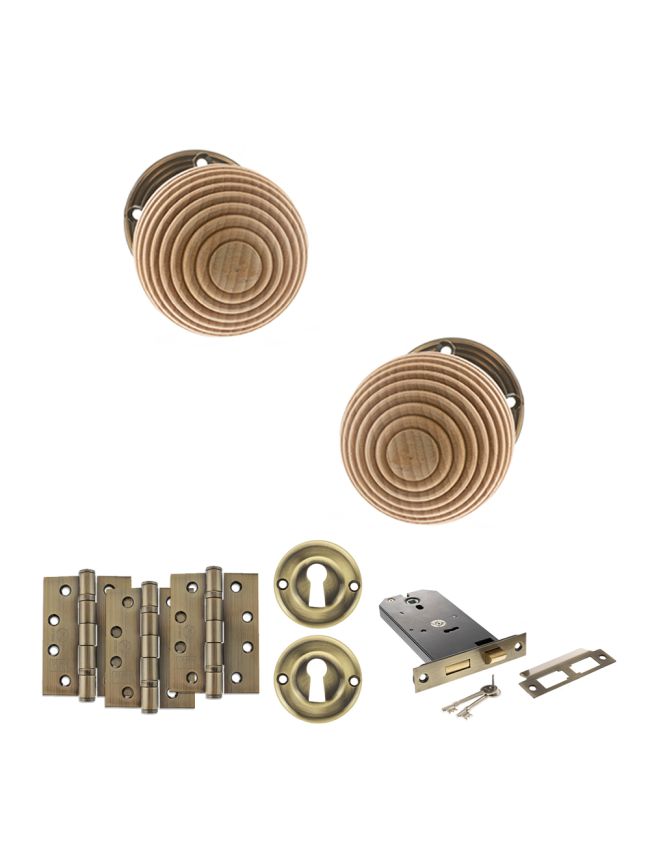 Old English Bridlington Door Knob Pack (Lock Set - Horizontal Sashlock, 4" Fire Rated Hinges x3) - Antique Brass