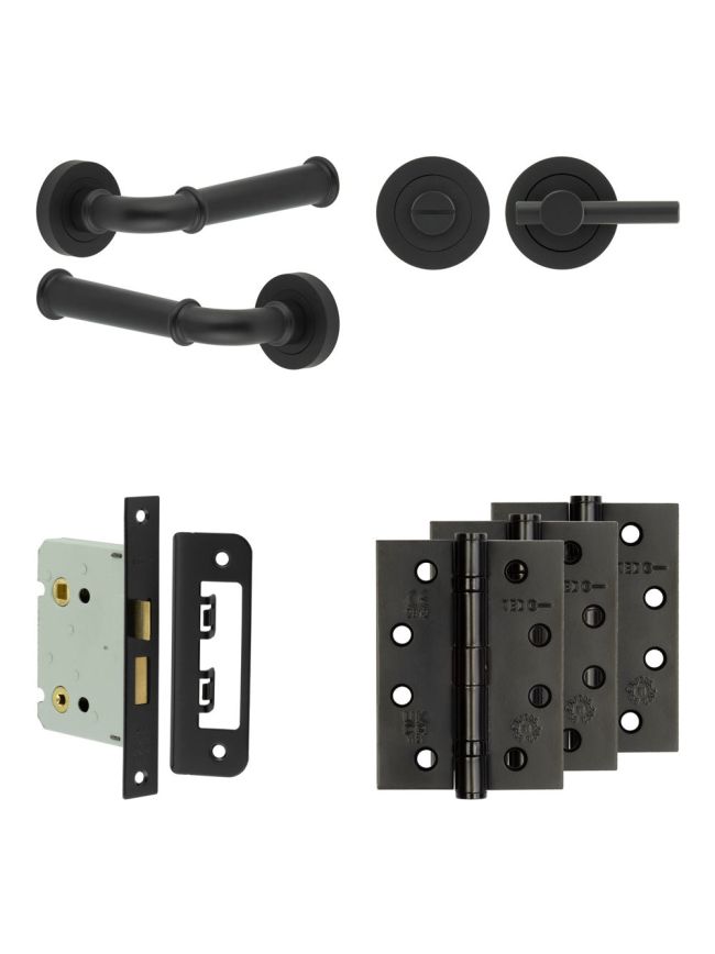 Complete Classic Door Handle Pack - Bathroom Lock (Plain Thumb Turn) - Matt Black - 76mm / 4-inch Hinges - JE-A6A2-MB