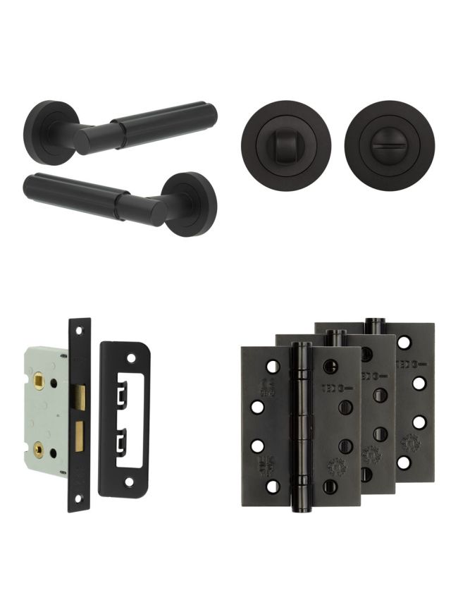 Complete Bloom Door Handle Pack - Bathroom Lock (Standard Thumb Turn) - Matt Black - 65mm / 4-inch Hinges - JE-B5A3-MB