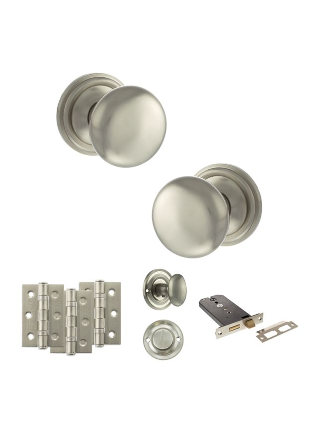Old English Harrogate Door Knob Pack (Lock Set - Horizontal Bathlock, 3" Fire Rated Hinges x3) - Satin Nickel