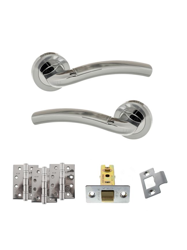 Eco Crest Door Handle Pack (Latch Set - 2.5" CE Latch, 4" Fire Rated Hinges x3) - Satin Chrome/Polished Chrome