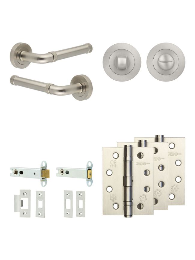 Complete Midtown Door Handle Pack - Heavy Duty Tubular Bathroom (Standard Thumb Turn) - Satin Nickel - 102mm / 4-inch Hinges - JE-G32A3-SN