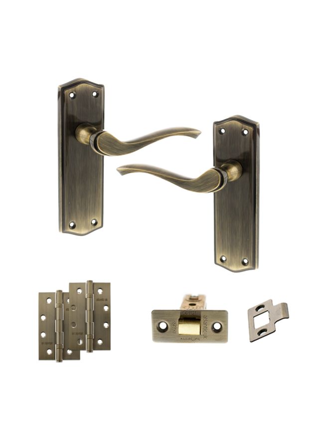 Old English Warwick Door Handle Pack (Latch Set - 2.5" CE Latch, 4" Slim Knuckle Hinges x2) - Antique Brass
