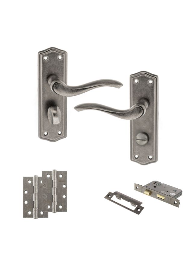 Old English Warwick Door Handle Pack (Bathroom Set - 3" CE Bathroom Lock, 4" Slim Knuckle Hinges x2) - Distressed Silver
