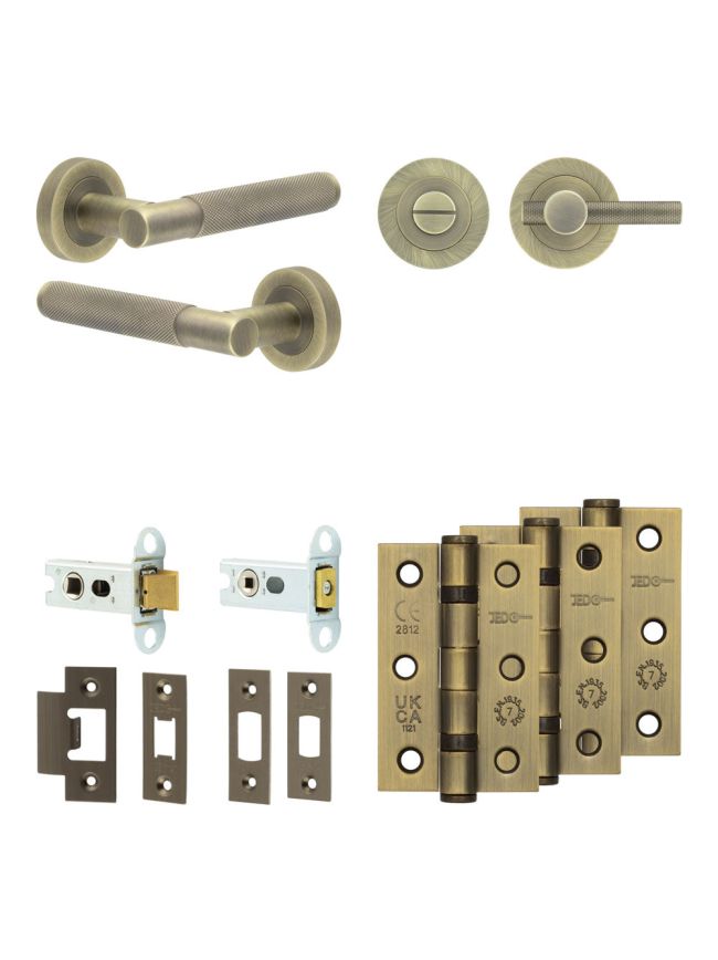 Complete Bari Door Handle Pack - Heavy Duty Tubular Bathroom (Knurled Thumb Turn) - Antique Brass - 64mm / 3-inch Hinges - JE-D30B1-AB