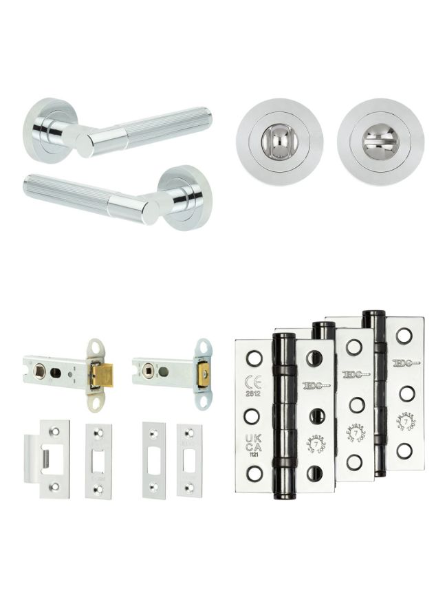 Complete Venice Door Handle Pack - Heavy Duty Tubular Bathroom (Standard Thumb Turn) - Polished Chrome - 76mm / 3-inch Hinges - JE-F31B3-PC