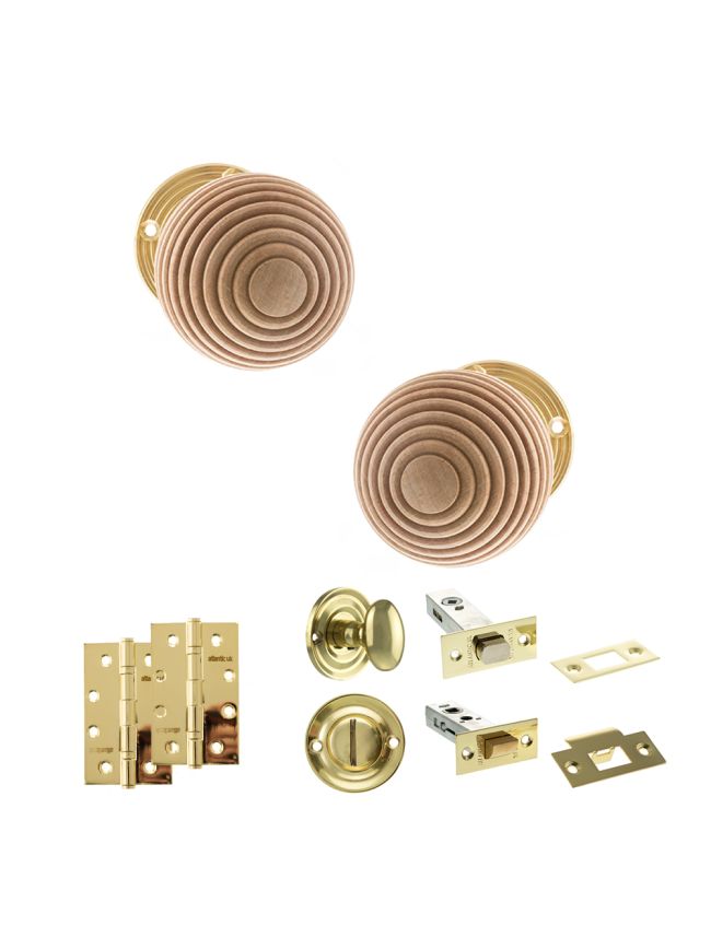 Old English Bridlington Door Knob Pack (Bathroom Set - 4" Deadbolt, 4" Slim Knuckle Hinges x2) - Polished Brass