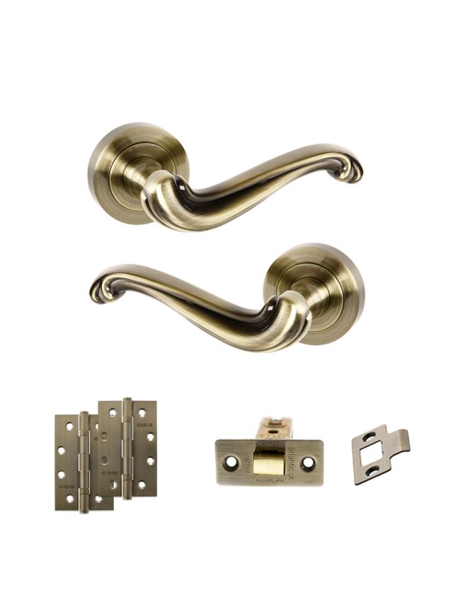 Old English Colchester Door Handle Pack (Latch Set - 2.5" CE Latch, 4" Slim Knuckle Hinges x2) - Antique Brass