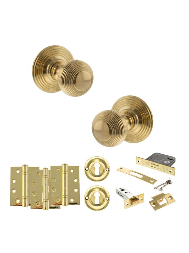 Old English Ripon Door Knob Pack (Lock Set - 3" Latch & Deadlock, 4" Fire Rated Hinges x3) - Raw Brass