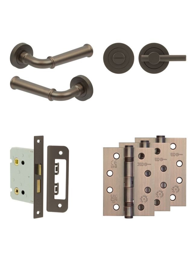 Complete Classic Door Handle Pack - Bathroom Lock (Plain Thumb Turn) - Dark Bronze - 76mm / 4-inch Hinges - JE-A6A2-DB