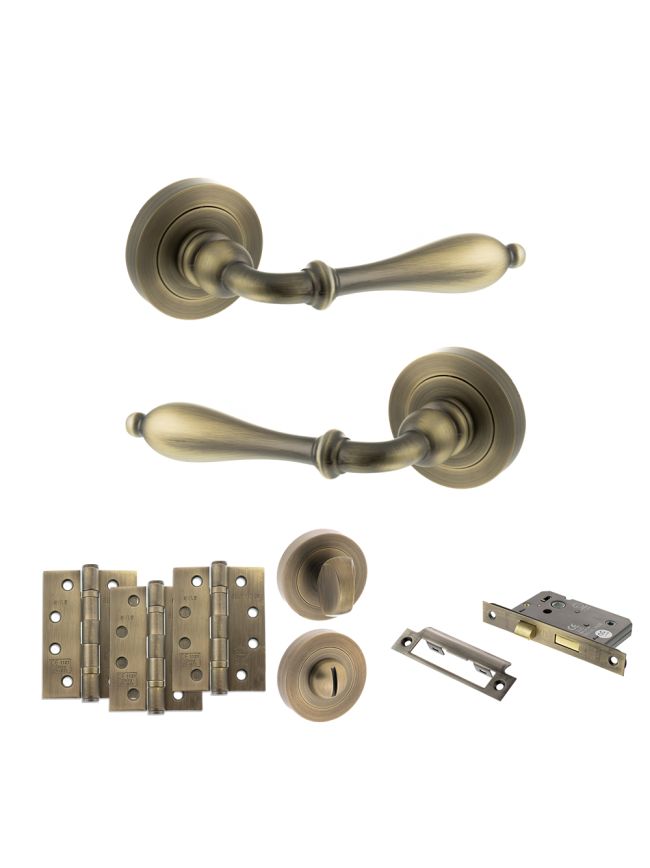 Old English Wrexham Door Handle Pack (Bathroom Set - 2.5" CE Bathroom Lock, 4" Fire Rated Hinges x3) - Matt Antique Brass