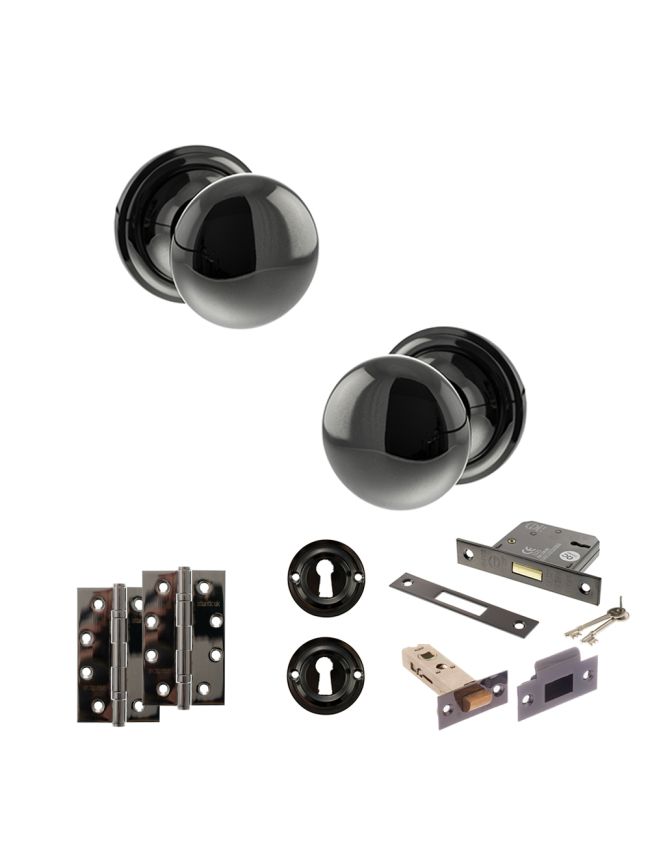 Old English Harrogate Door Knob Pack (Lock Set - 3" Latch & Deadlock, 4" Slim Knuckle Hinges x2) - Black Nickel