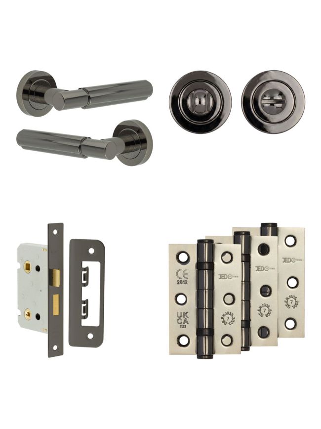 Complete Bloom Door Handle Pack - Bathroom Lock (Standard Thumb Turn) - Black Nickel - 65mm / 3-inch Hinges - JE-B5B3-BN
