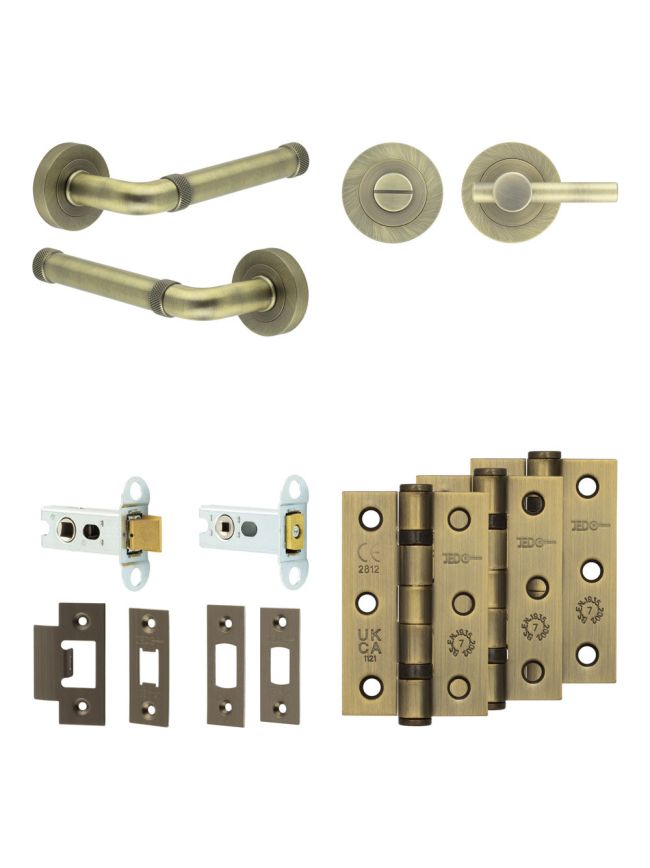 Complete Midtown Door Handle Pack - Heavy Duty Tubular Bathroom (Plain Thumb Turn) - Antique Brass - 64mm / 3-inch Hinges - JE-G30B2-AB
