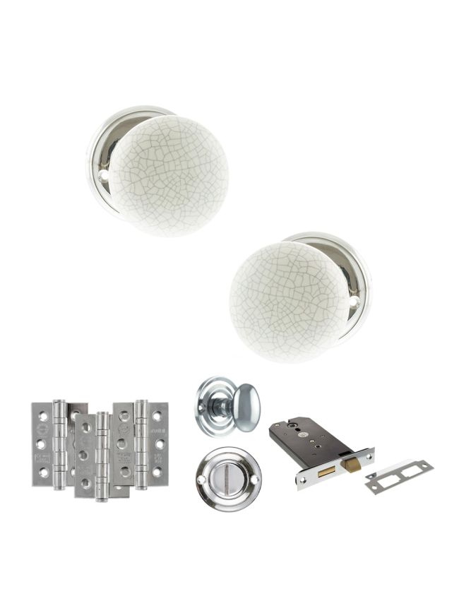Old English Skipton Door Knob Pack (Lock Set - Horizontal Bathlock, 3" Fire Rated Hinges x3) - Polished Chrome