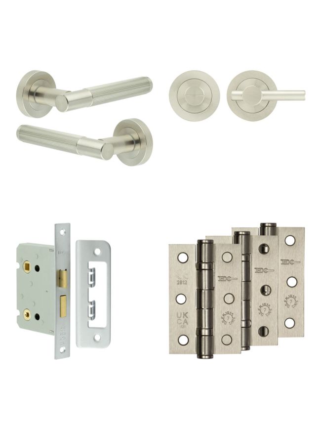 Complete Venice Door Handle Pack - Bathroom Lock (Plain Thumb Turn) - Satin Nickel - 76mm / 3-inch Hinges - JE-F6B2-SN