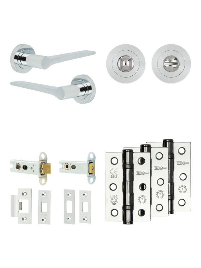 Complete Gio Door Handle Pack - Heavy Duty Tubular Bathroom (Standard Thumb Turn) - Polished Chrome - 76mm / 3-inch Hinges - JE-E31B3-PC