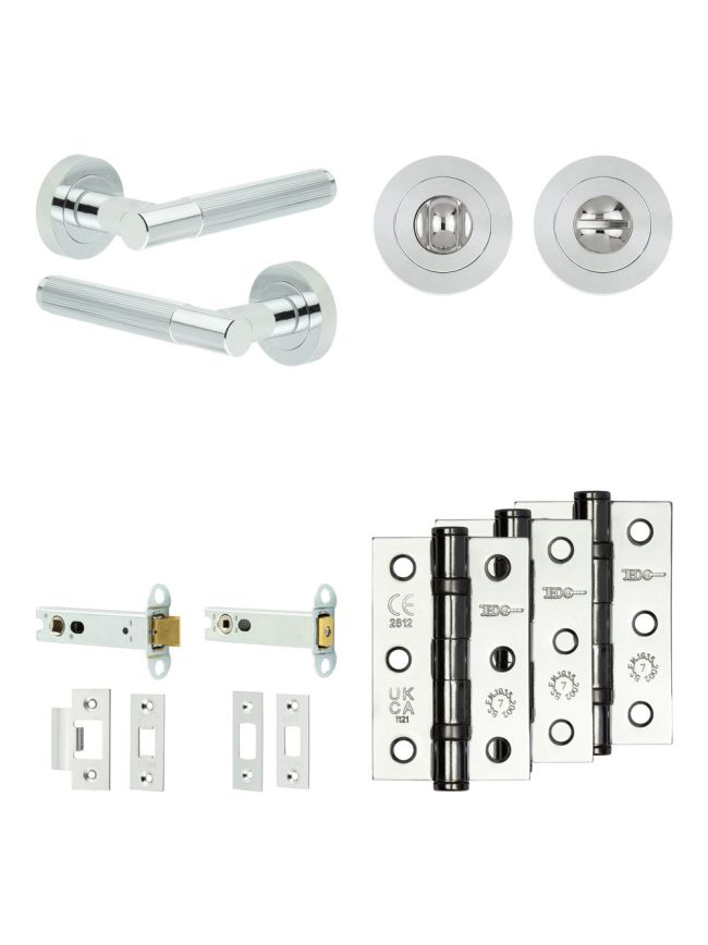 Complete Venice Door Handle Pack - Heavy Duty Tubular Bathroom (Standard Thumb Turn) - Polished Chrome - 102mm / 3-inch Hinges - JE-F32B3-PC