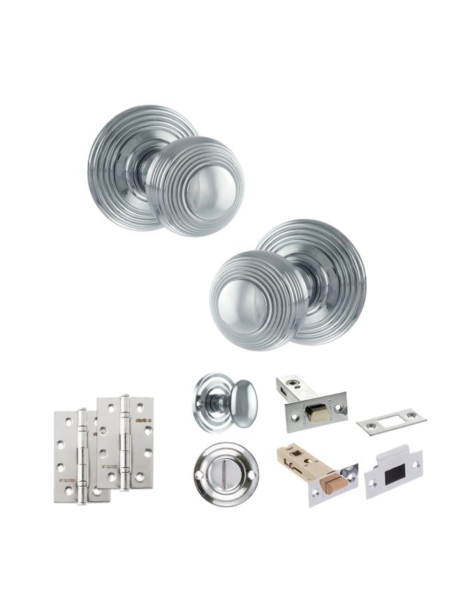 Old English Ripon Door Knob Pack (Bathroom Set - 3" Deadbolt, 4" Slim Knuckle Hinges x2) - Polished Chrome