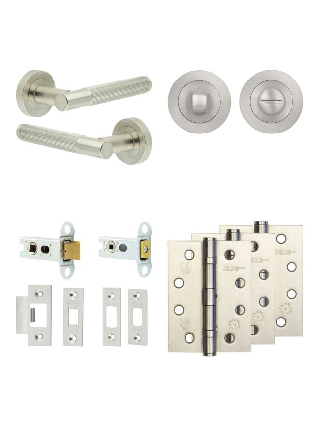 Complete Venice Door Handle Pack - Heavy Duty Tubular Bathroom (Standard Thumb Turn) - Satin Nickel - 64mm / 4-inch Hinges - JE-F30A3-SN