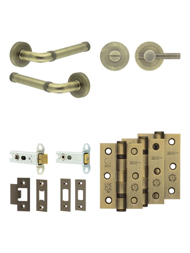 Complete Midtown Door Handle Pack - Heavy Duty Tubular Bathroom (Knurled Thumb Turn) - Antique Brass - 76mm / 3-inch Hinges - JE-G31B1-AB