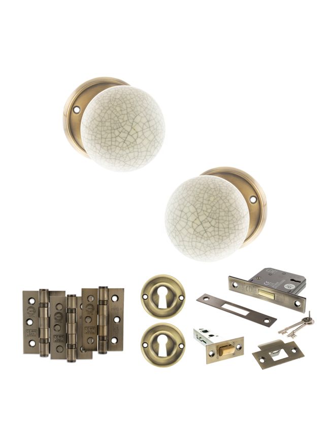 Old English Skipton Door Knob Pack (Lock Set - 3" Latch & Deadlock, 3" Fire Rated Hinges x3) - Antique Brass