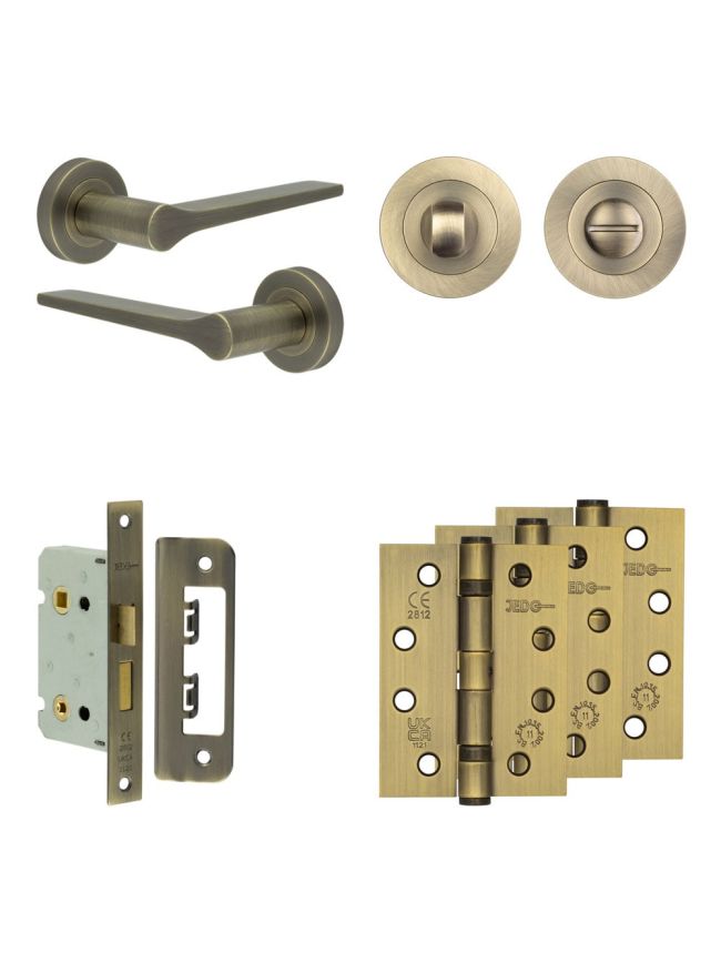 Complete Gio Door Handle Pack - Bathroom - Antique Brass - By Frelan Hardware - JE-E5A3-AB
