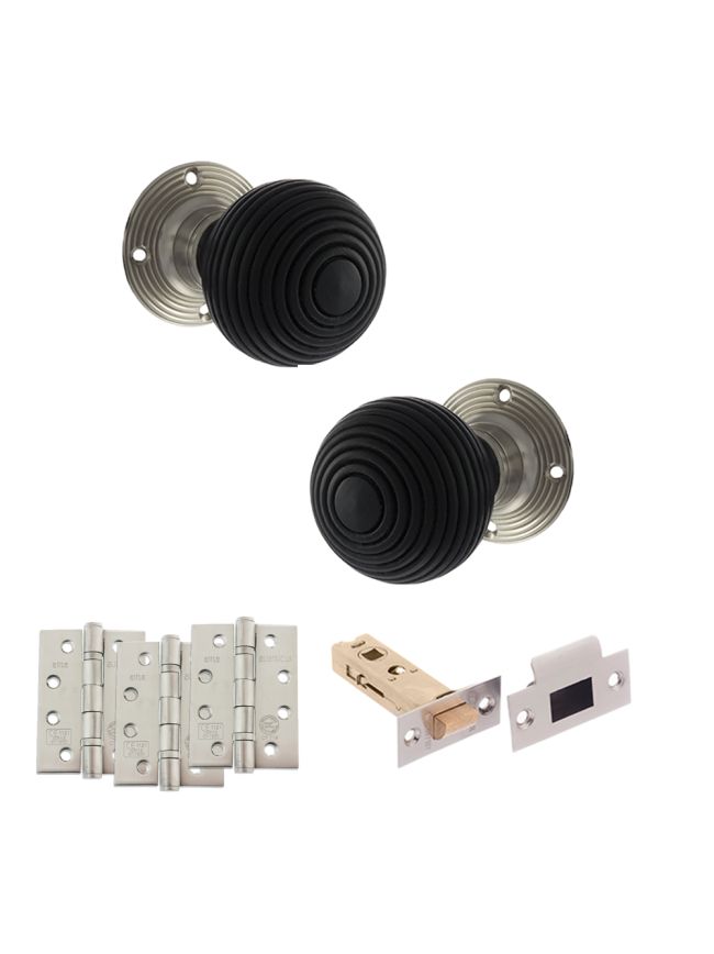 Old English Whitby Door Knob Pack (Latch Set - 4" HD Latch, 4" Fire Rated Hinges x3) - Satin Nickel