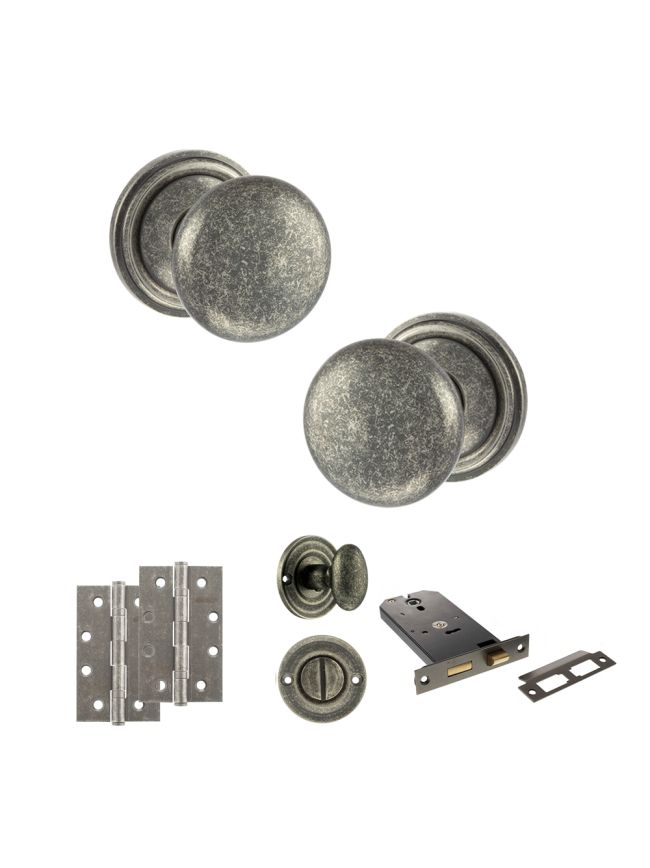Old English Harrogate Door Knob Pack (Lock Set - Horizontal Bathlock, 4" Slim Knuckle Hinges x2) - Distressed Silver