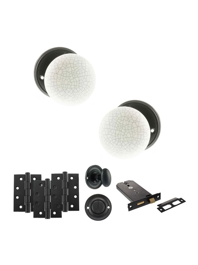 Old English Skipton Door Knob Pack (Lock Set - Horizontal Bathlock, 4" Fire Rated Hinges x3) - Matt Black