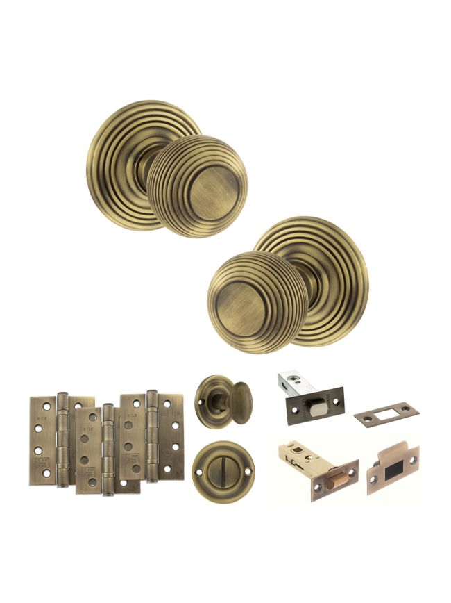 Old English Ripon Door Knob Pack (Bathroom Set - 4" Deadbolt, 4" Fire Rated Hinges x3) - Matt Antique Brass