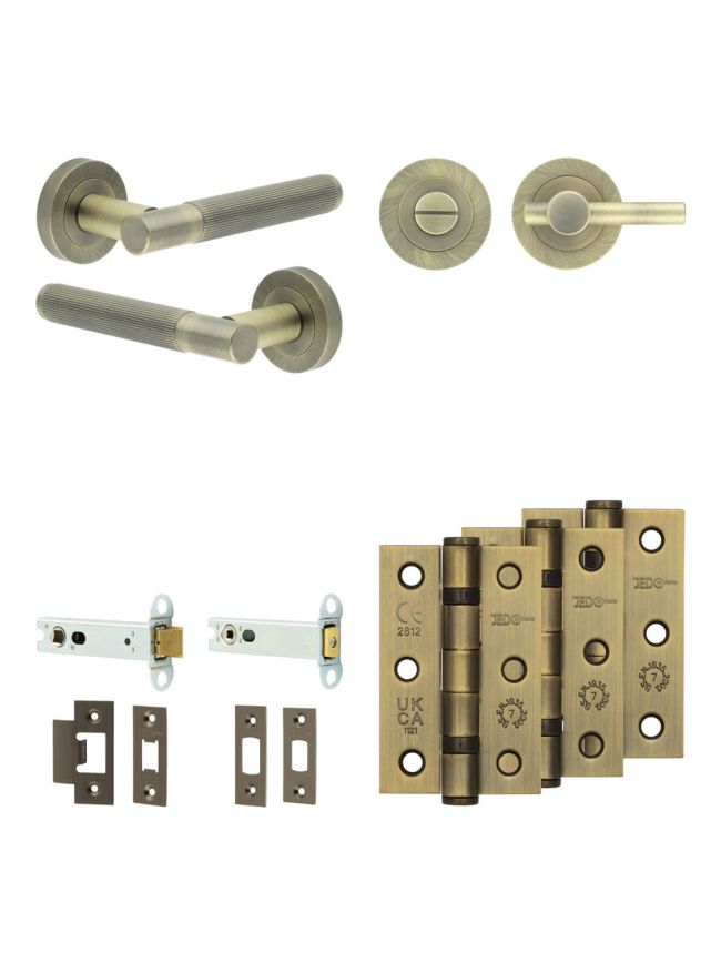 Complete Venice Door Handle Pack - Heavy Duty Tubular Bathroom (Plain Thumb Turn) - Antique Brass - 102mm / 3-inch Hinges - JE-F32B2-AB