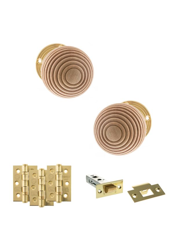 Old English Bridlington Door Knob Pack (Latch Set - 3" HD Latch, 3" Fire Rated Hinges x3) - Polished Brass