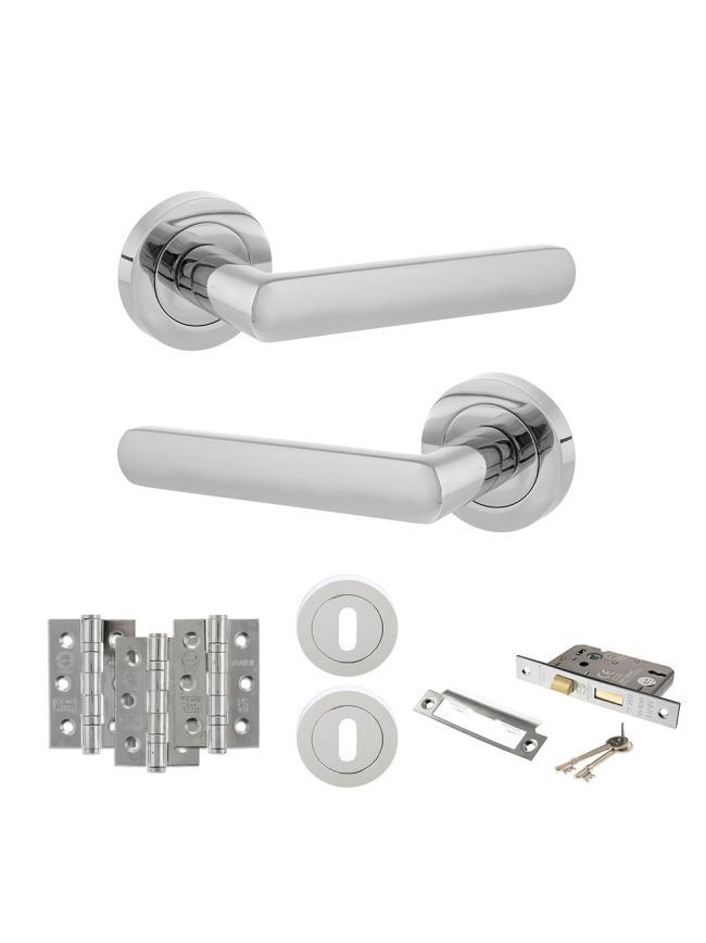 STATUS Carolina Door Handle Pack (3 Lever Lock Set - 2.5" CE Sashlock, 3" Fire Rated Hinges x3) - Polished Chrome