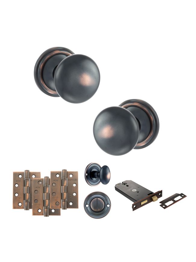 Old English Harrogate Door Knob Pack (Lock Set - Horizontal Bathlock, 4" Fire Rated Hinges x3) - Antique Copper