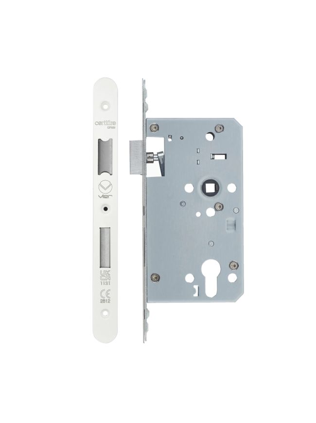 Zoo Hardware Din Euro Sashlock- Backset 60mm - 2 Pc Forend - Radius - PCW - Single Throw - White