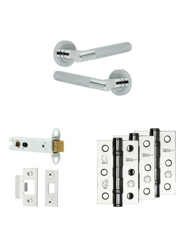 Complete Bari Door Handle Pack - Heavy Duty Latch - Polished Chrome - 102mm / 3-inch Hinges - JE-D22B-PC