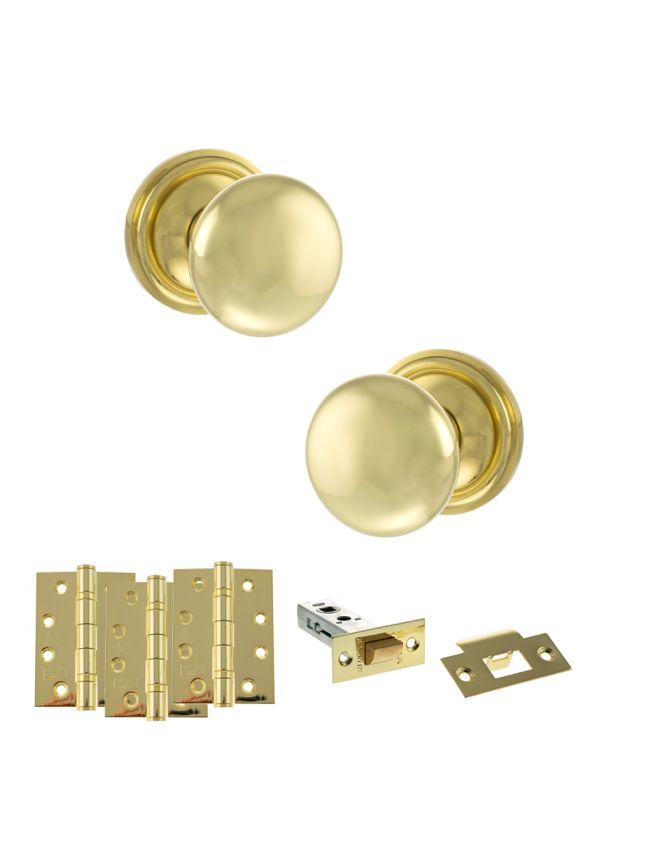 Old English Harrogate Door Knob Pack (Latch Set - 3" HD Latch, 4" Fire Rated Hinges x3) - Polished Brass